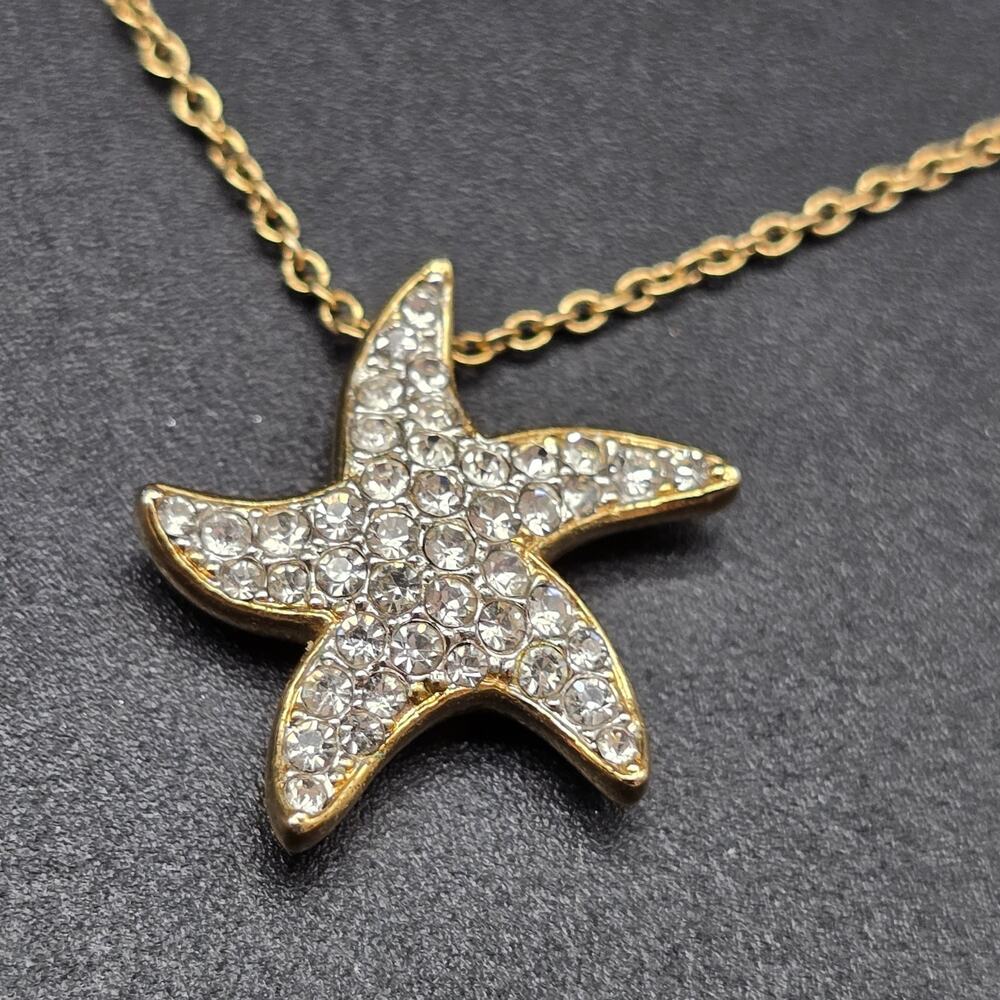 Rhinestone Starfish Pendant Necklace Gold Tone Signed N